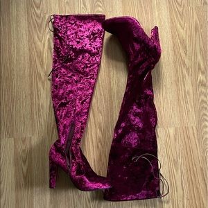 Pink Velvet Thigh High Boots